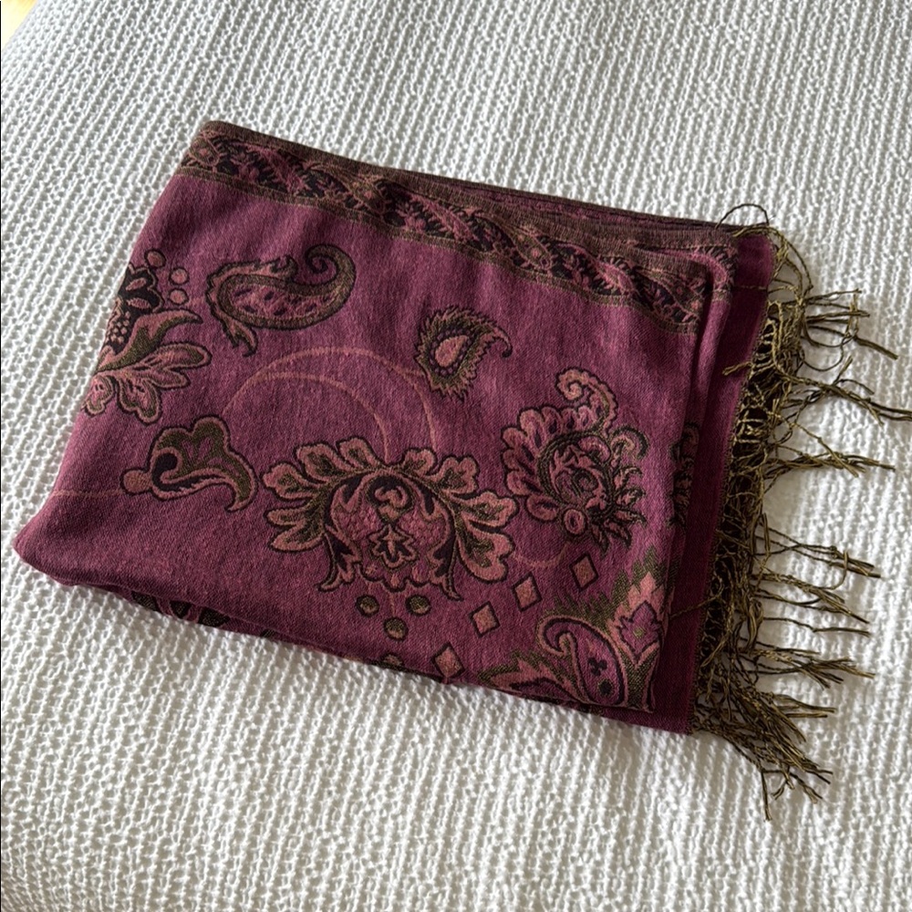 Purple Floral Paisley Embroidered Scarf with Fringe